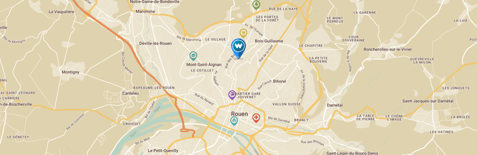 Carte de l'agglomération de Rouen indiquant la position de
Wixiweb, située au nord de Rouen, dans la commune limitrophe de Mont Saint Aignan, à la limite de la
commune de Bois Guillaume. A l'ouest de Wixiweb se trouve l'université de Mont Saint Aignan, au
sud, la gare de Rouen et au nord, une zone commerciale et une forêt.